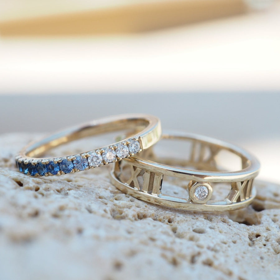 Roman Numeral Ring in Yellow Gold and Ombre Blue Ring 